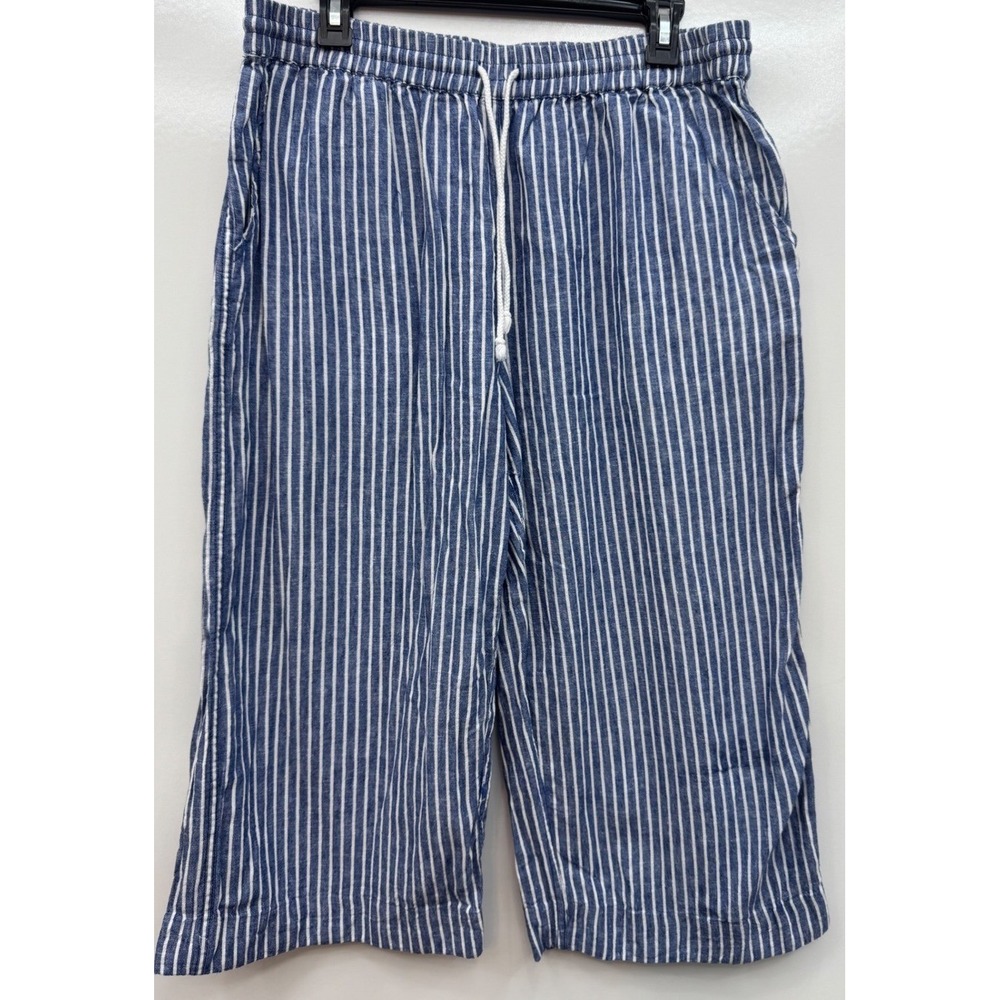 Beachlunchlounge Linen Blend Striped Cropped Wide Leg Pants Large Blue White